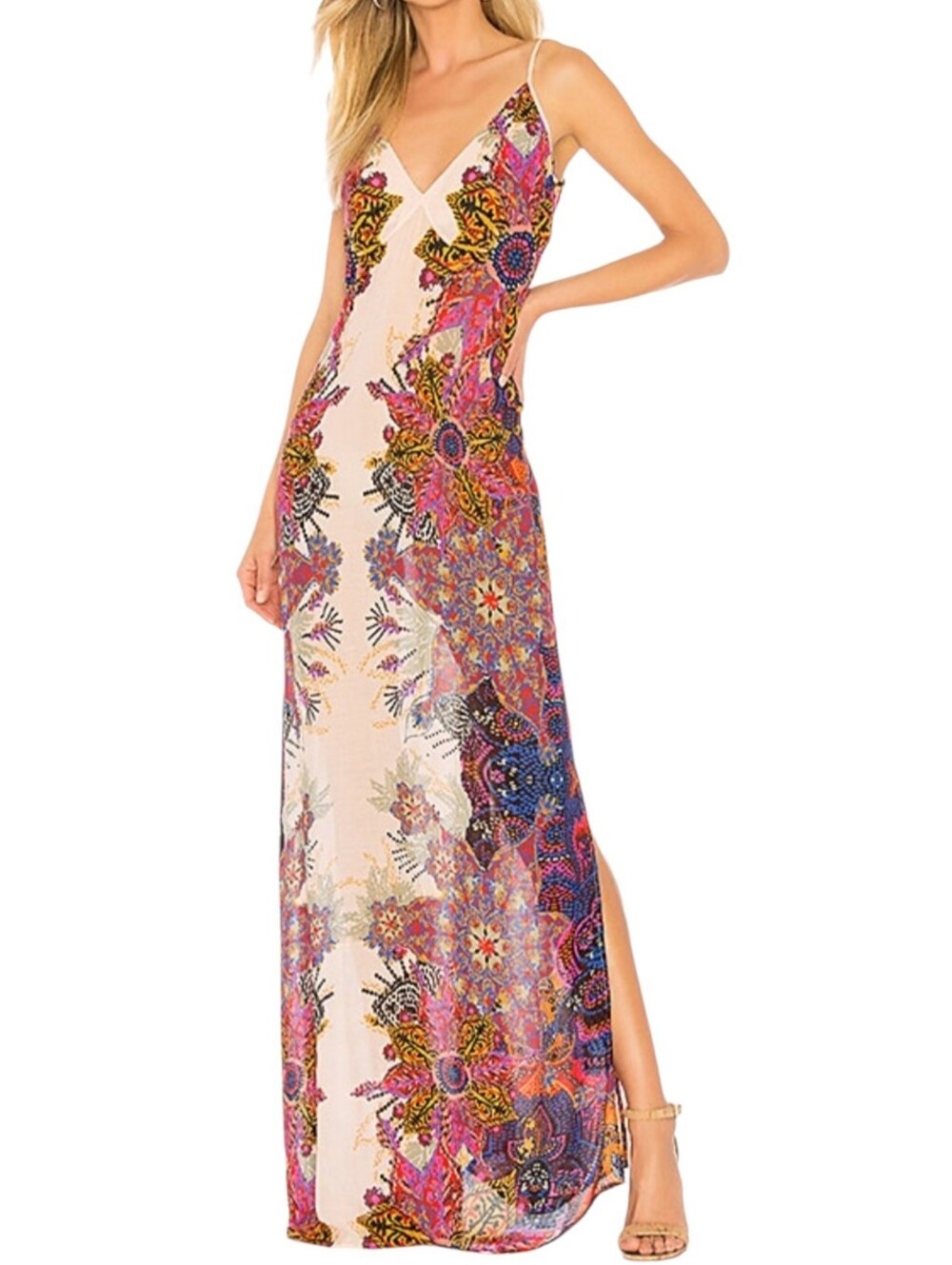Intimately Free Peoole Wildflower Printed Slip Dress L Ivory Floral Maxi Slits